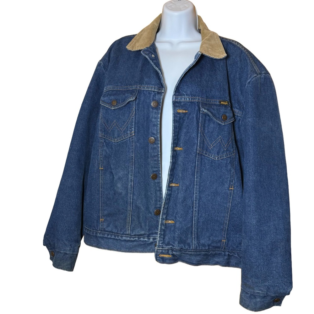 Vintage Wrangler Denim Jacket Corduroy Collar Blanket Lined USA 74264PW 44